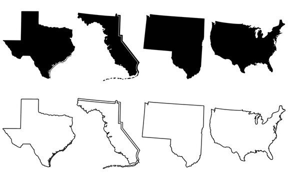 United States map outline and solid silhouette vector icon set featuring Texas, California, Florida, New York, Illinois, and Washington state shapes