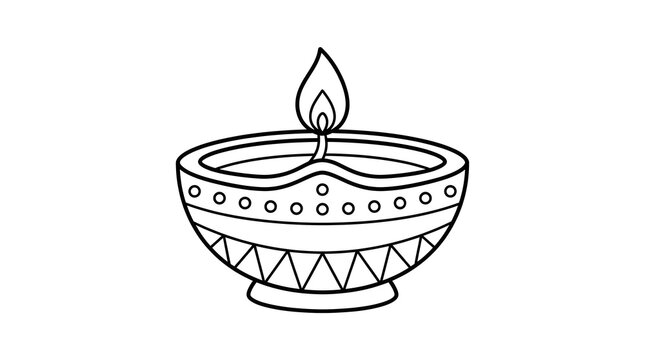 Simple line art illustration of a traditional diwali diya oil lamp with geometric patterns isolated on white background