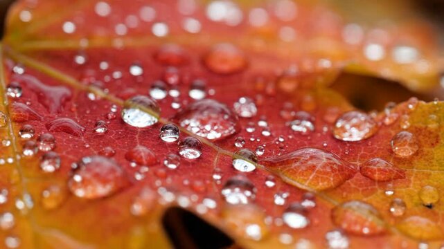 Macro close-up of raindrops on vibrant autumn maple leaf, wet fall foliage texture, seasonal nature background, with dew drops, and bokeh details