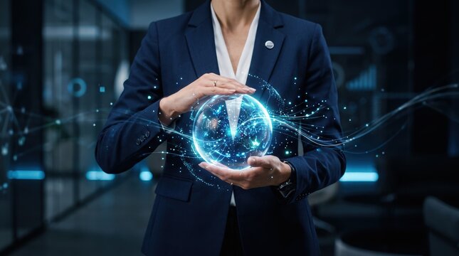 Businesswoman holding glowing digital globe sphere with network connections, global communication technology, worldwide data exchange and international business connectivity