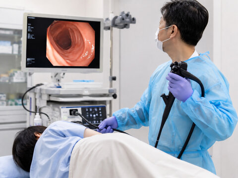 大腸内視鏡検査を行いモニターで腸内を確認する医師と患者