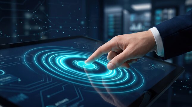 Hand interacting with holographic interface on tablet, futuristic touchscreen technology, concentric ripple effect, digital control panel in server room environment, advanced user