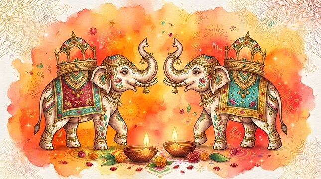Two decorated elephants facing each other with lit diyas, watercolor style illustration for diwali festival celebration
