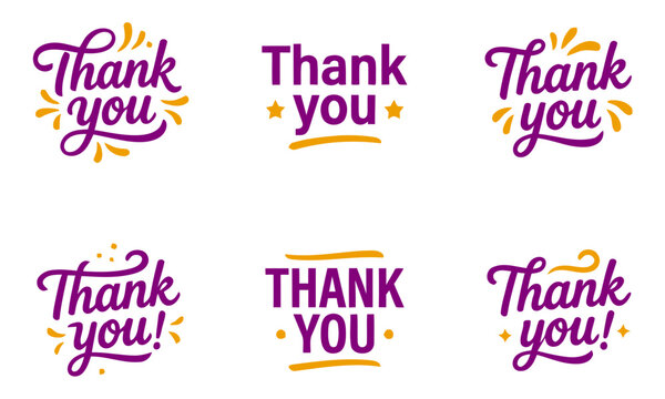 Calligraphy thank you lettering set, purple and gold script typography, 6 elegant hand drawn gratitude labels for cards and packaging
