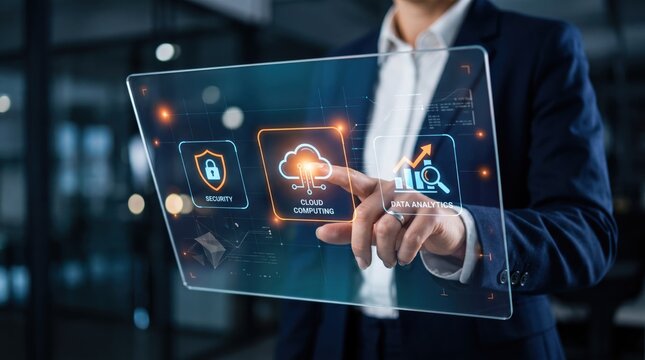 Man touching transparent futuristic screen selecting cloud computing icon, security and data analytics options, advanced technology interface concept