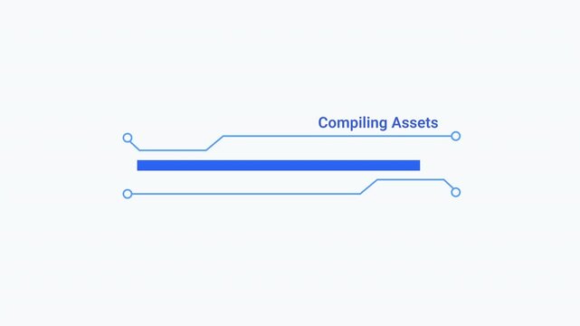 Animated blue progress bar with circuit-inspired lines and Compiling Assets text, creating a clean technology interface motion graphic for software development, computing, and digital workflows.