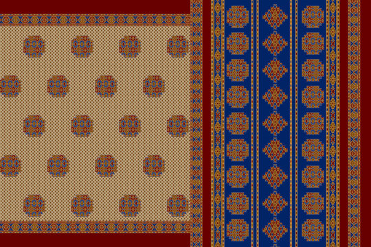 Traditional Indian Saree Layout with Ethnic Decorative Patterns and Ornate Galo Pallav Border Textile Print
