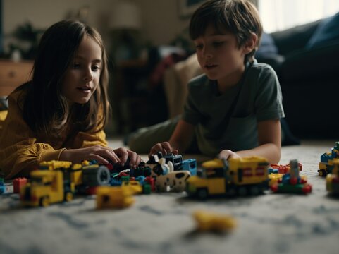 Joyful Siblings Playing Together in Living Room