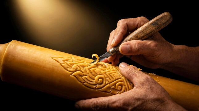 Close up of artisan hands carving intricate traditional Thai pattern on large wax candle with knife.