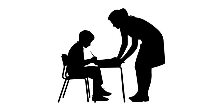 Black and white silhouette of students sitting at desks in a classroom facing a teacher and whiteboard for educational training and seminar background. Classroom learning scene with teacher and studen