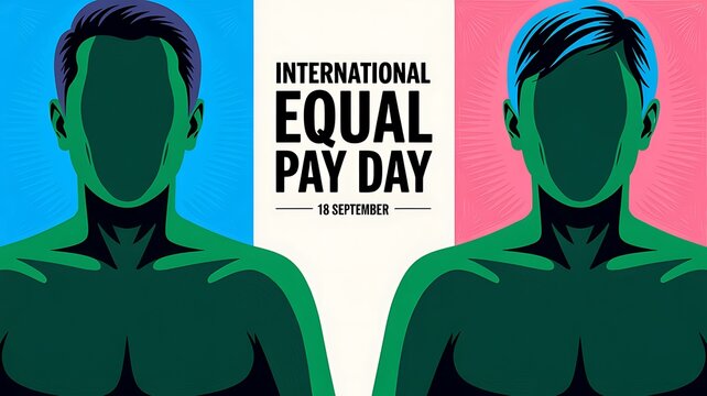 International equal pay day conceptual design with silhouetted people on blue and pink background, international