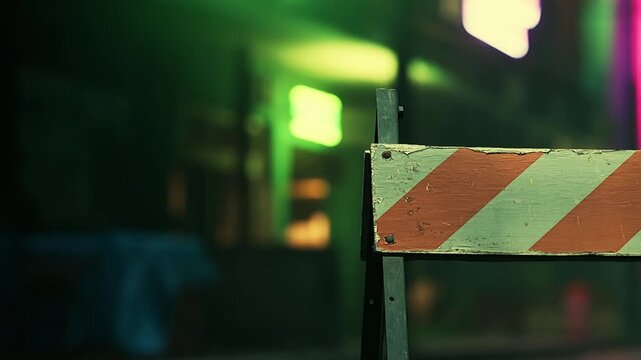 A construction barrier stands on a city street. Bright lights from nearby buildings create a colorful background. The scene shows signs of activity in the area at night.