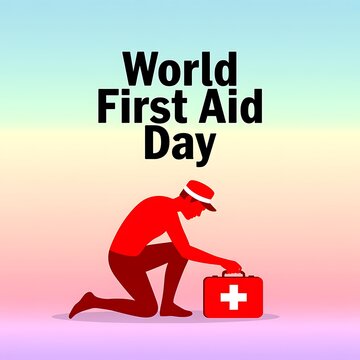 World first aid day medical vector banner featuring kneeling responder with red emergency kit and cross, emergency