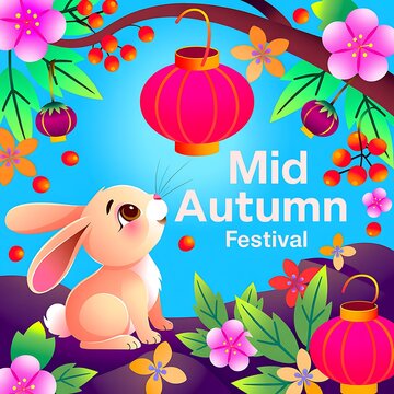 Mid autumn festival vector illustration featuring cute rabbit glowing paper lanterns blooming flowers, festival