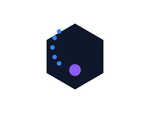 A minimalist dark navy hexagonal shape featuring a curved arrangement of small blue dots and one larger purple circle inside.
