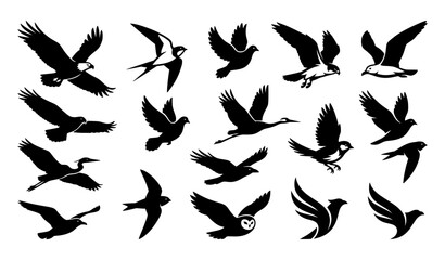 Naklejka premium Dynamic flying bird black vector silhouette collection for wildlife logo branding and minimalist animal design