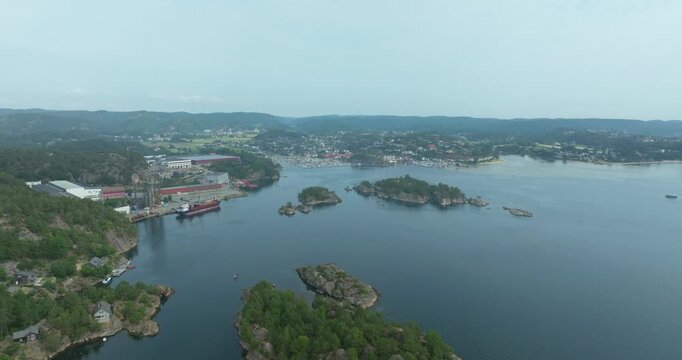 Aerial view of H&oslash;llen harbor and islands in Norway
