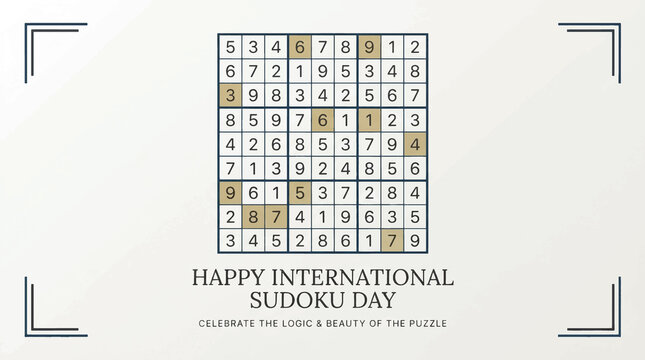 Modern sudoku puzzle card, vector number grid game, happy sudoku day graphic, logical board design, brain teaser activity sheet, math hobby education