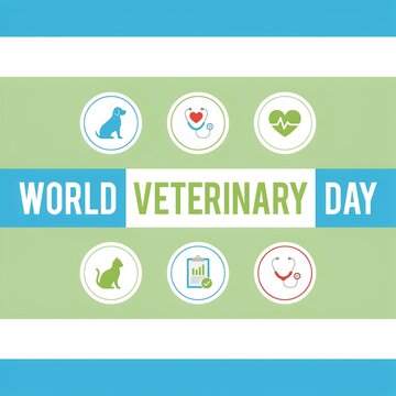 World veterinary day healthcare vector graphic banner design with medical icons and animal care symbols, veterinary
