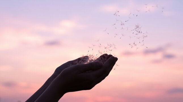 Hands blowing dandelion seeds into a soft pink and purple twilight sky, symbolizing making a wish, letting go, spreading seeds, growth, potential, fragility, wind, air, nature