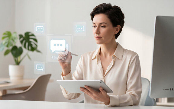 Professional woman analyzing digital customer feedback interface with tablet in modern office