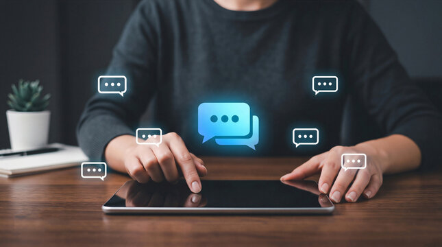 Businessman using tablet with glowing virtual chat message bubbles. Online communication, AI chatbot, and customer support network