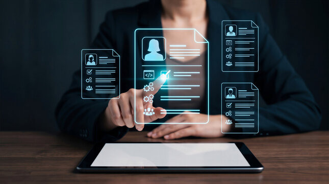Professional interacting with digital HR profiles and resumes on a virtual holographic interface 