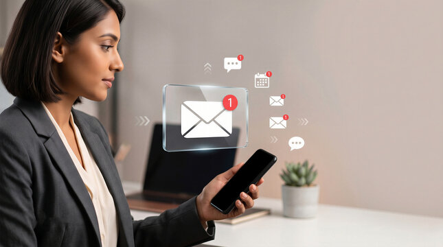 Businesswoman checking smartphone with glowing virtual email and message notification icons