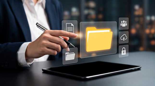 Professional interacting with a digital folder hologram. Concept for cloud storage, data security, and file management