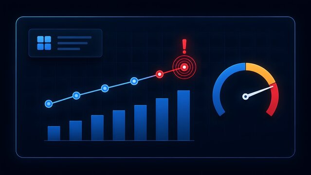 Business performance risk dashboard showing a rising trend line hitting a critical red target warning and a maxed out gauge