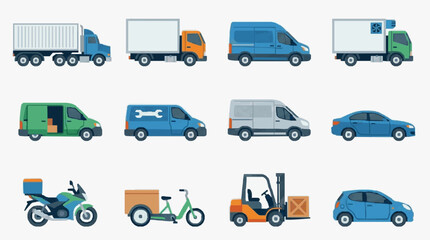 Fototapeta premium Professional of Diverse Delivery and Logistics Vehicles in Bright Colorful Designs with high quality professional line art symbols for modern creative design and digital branding projects