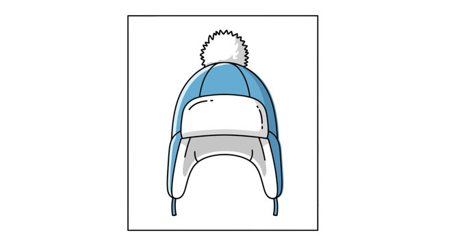 Blue trapper hat with white pom pom and fur trim