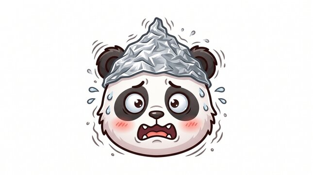 Panicked Cute Panda Wearing Tin Foil Hat Vector Illustration Isolated on White Background
