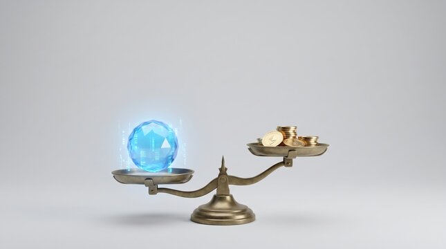 Data vs. Money: A Vintage Brass Scale Weighs Priceless Digital Information Against Gold Coins