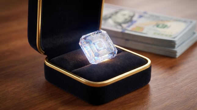 Priceless Data: Futuristic Microchip in Jewelry Box, Outshining Stacked Money