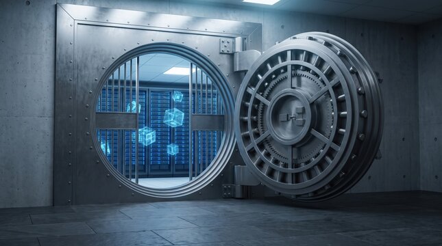 Data Vault: Secure digital information stored in a high-tech bank vault with glowing data cubes