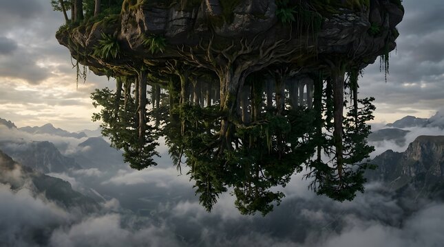 Floating island with lush vegetation and cascading roots above a mountainous landscape