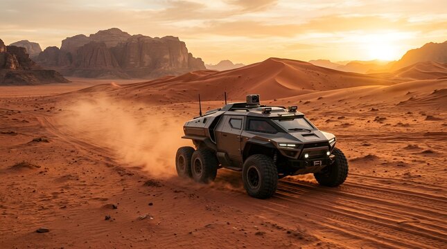 Futuristic armored vehicle driving through desert landscape at sunset with sand dunes