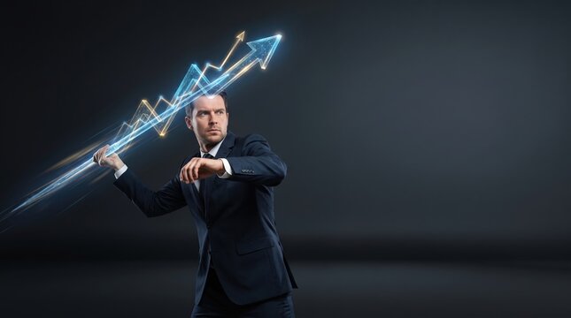 Determined businessman throwing glowing upward financial chart javelin, symbolizing business growth and strategy.