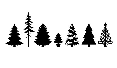 Obraz premium Christmas Tree and Pine Tree Black Silhouette Vector Collection with Minimal Evergreen Icons for Holiday Decoration Designs
