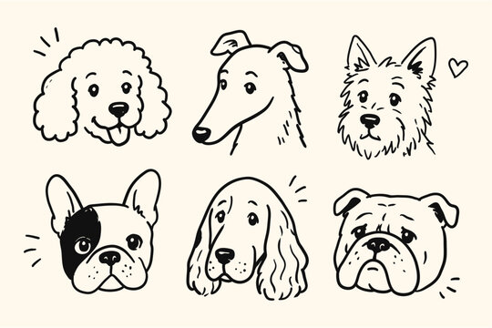 Cute hand drawn different dog breeds face avatar set vector illustration