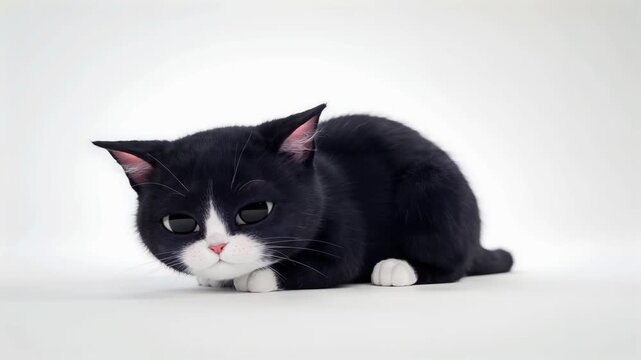 Black and White Cat Resting on Plain Surface in Studio Setting with Soft Lighting Cinematic Animal Portrait