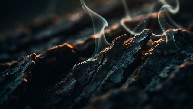 Smoking burnt wood texture with glowing embers and dramatic dark atmosphere