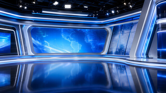 Modern News Broadcasting Virtual Studio Set with World Map Background and Reflective Floor