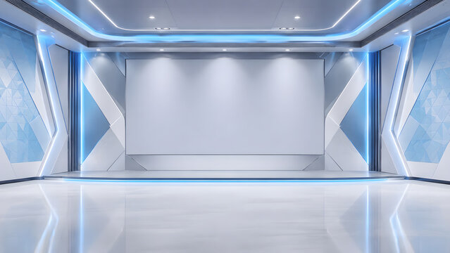 Modern Futuristic Empty Stage with Blank Projection Screen and Blue Neon Lighting for Virtual Events