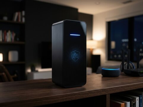 Angled black privacy shield smart home device with glowing security screen on wooden credenza