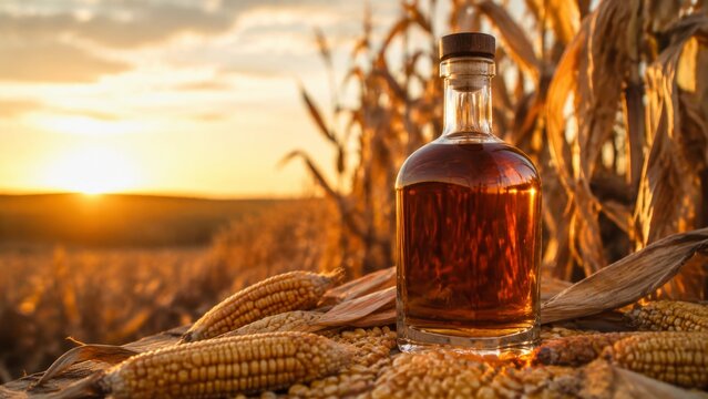Bottle of bourbon with corn showing an amber bottle and corn cobs overlooking a sunset landscape