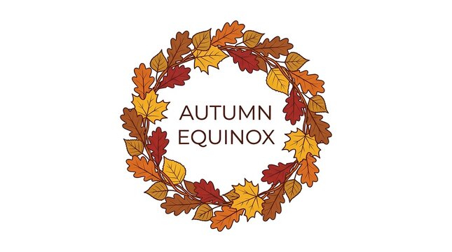 Autumn Equinox text inside colorful leaf wreath.