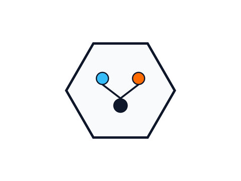 Minimalist digital icon featuring a hexagon border enclosing a simple connection diagram with blue and orange circular nodes connected