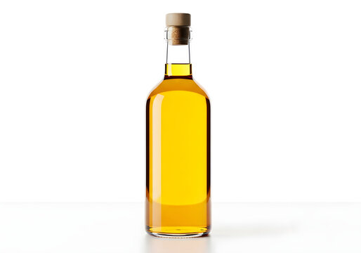 Empty amber glass bottle with cork stopper on plain background isolated on white background